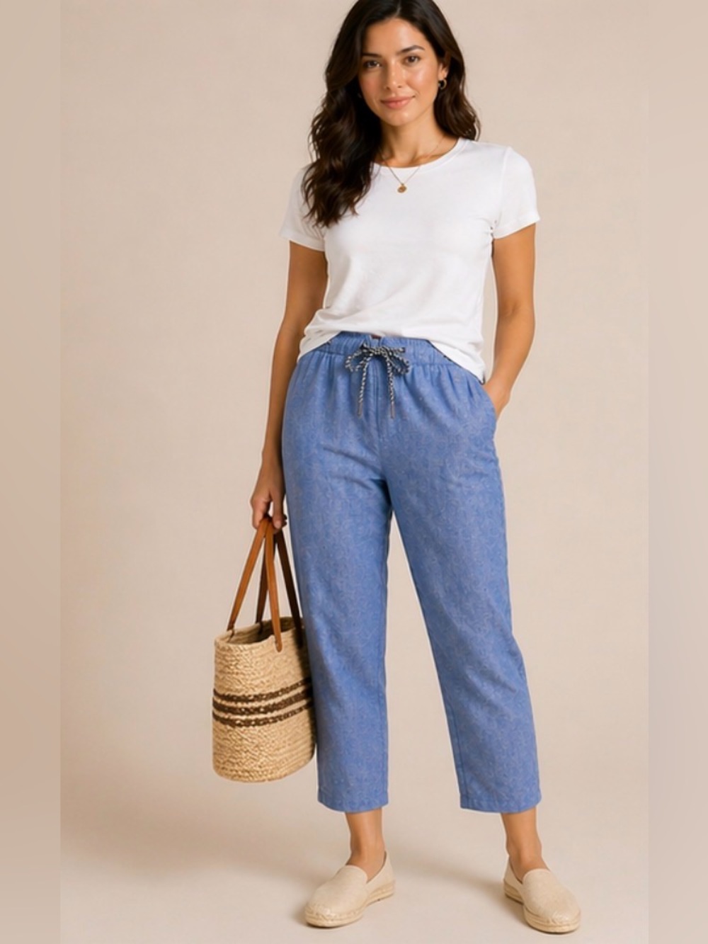 Armani Exchange Linen Drawstring Pants Blue High Rise Cropped Size 10 NWT
